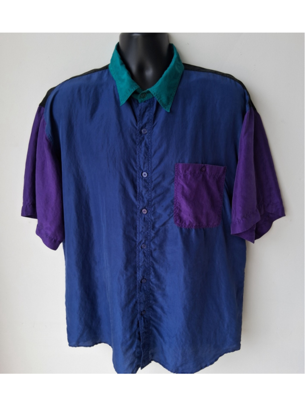 Vintage 90s Silk Connection Men's XL 100% Silk Button Up Shirt Colorblock